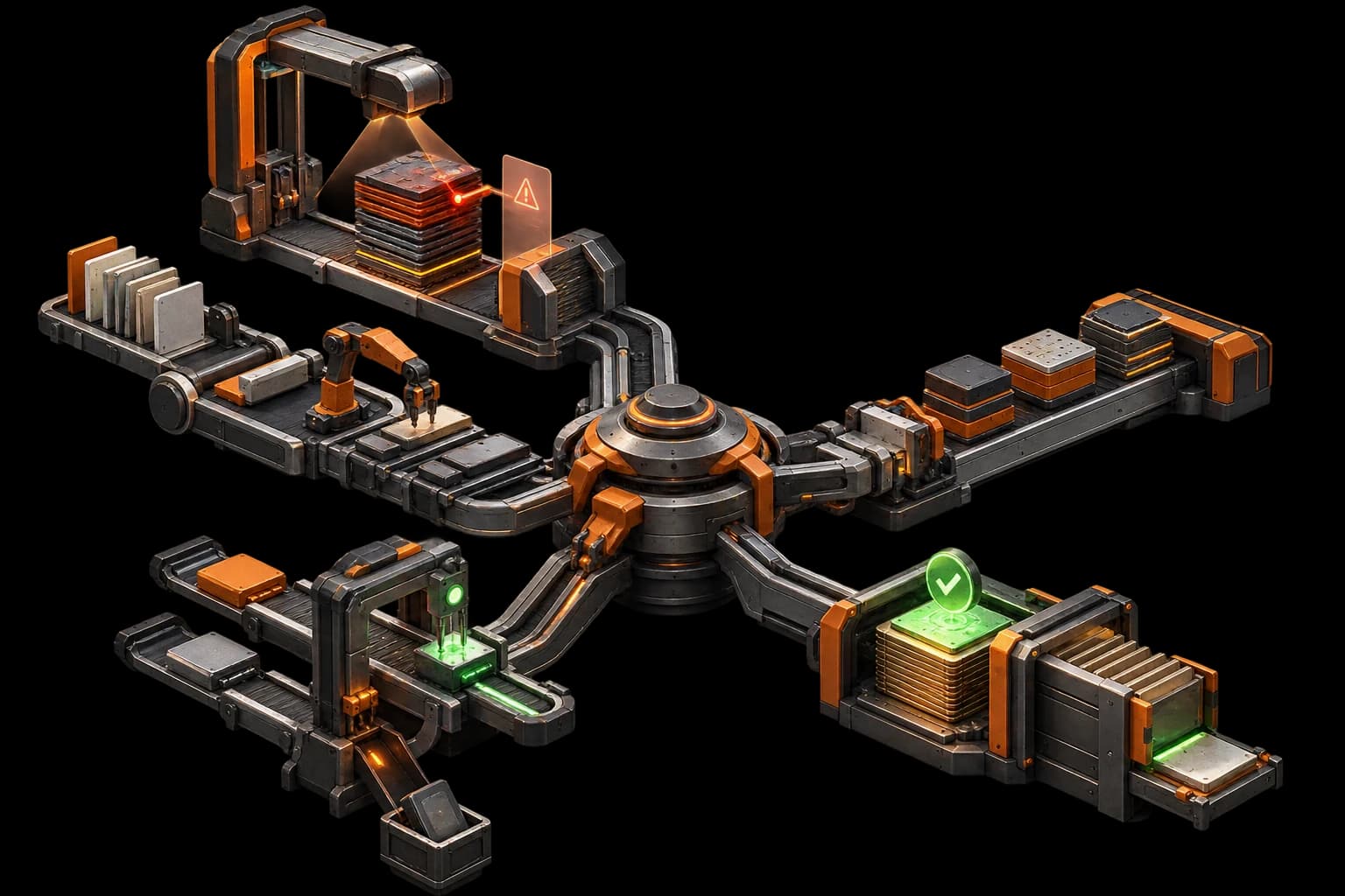 An industrial 3D workflow rig combining technical inspection, scoped platform delivery, verification, and retained improvements